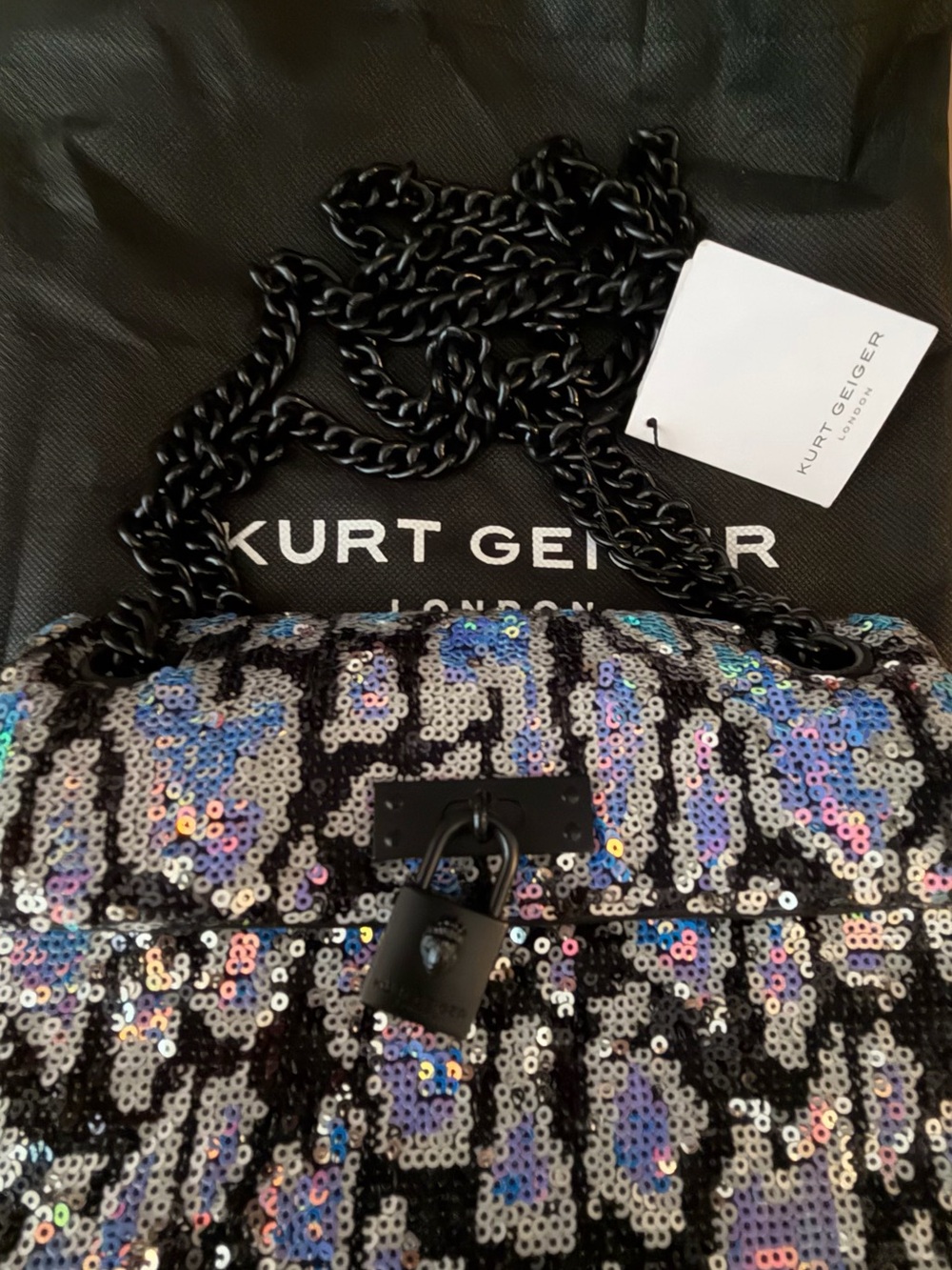 Kurt Geiger London RARE Mini Brixton Blue Leopard Sequin Chain Crossbody Bag NWT - Picture 12 of 13